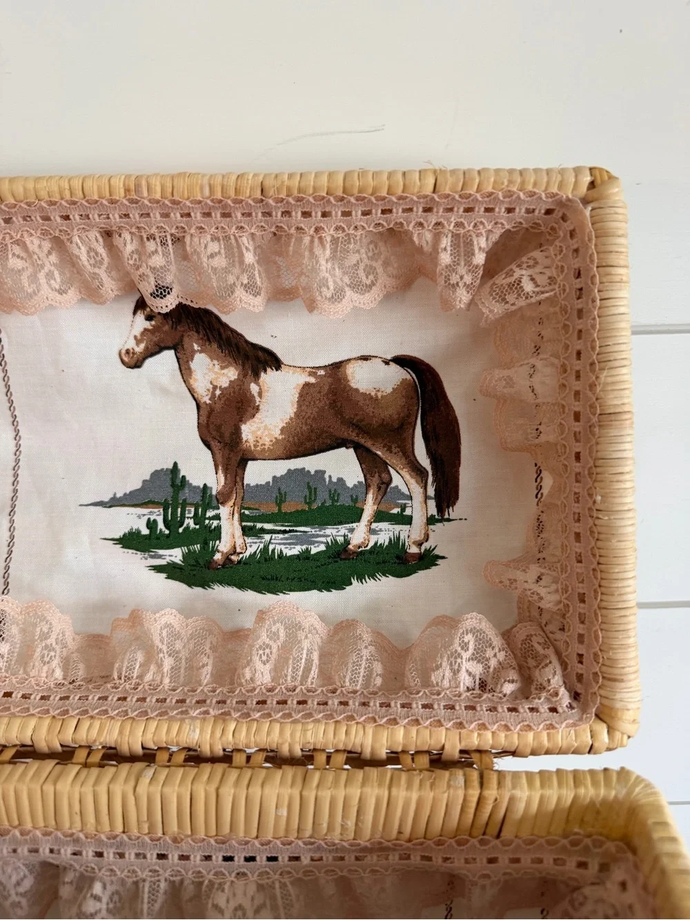 Vintage Rattan Style Basket Horse Motif Interior